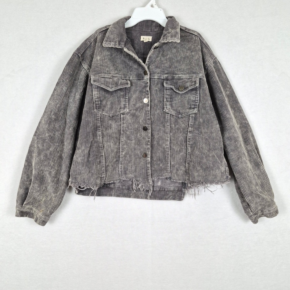 POL Women Corduroy Distressed Grunge Medium Jacket Gray Acid Wash Frayed Raw Hem